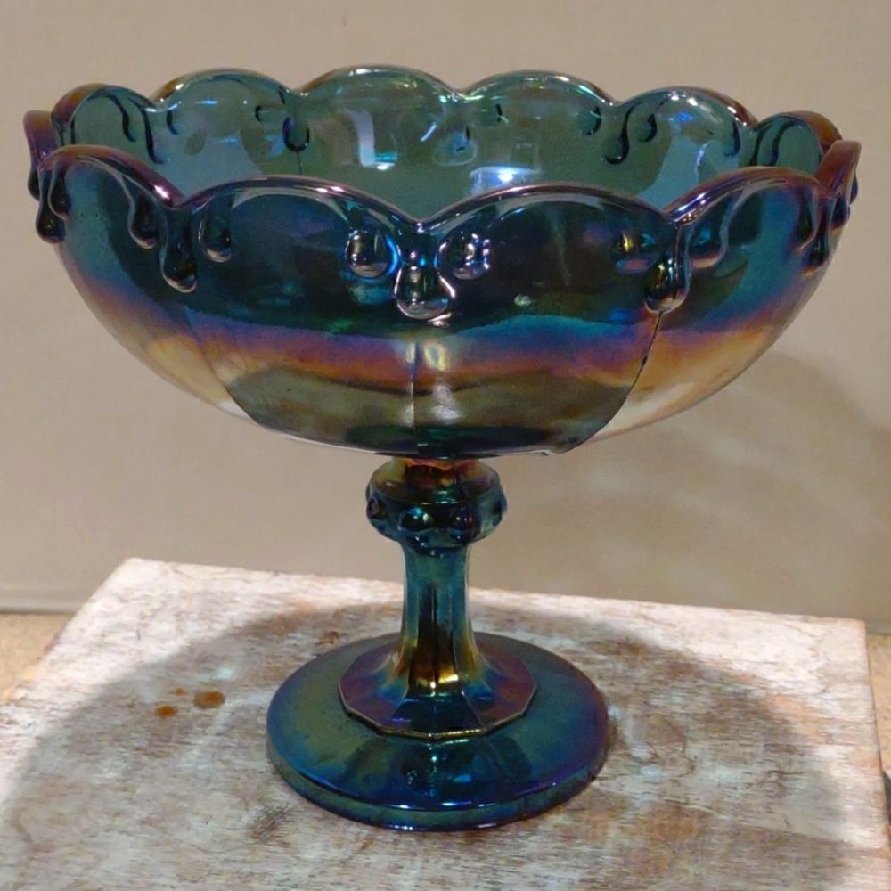 Vintage Indiana Glass Blue Carnival Glass Teardrop Garland Compote Dish